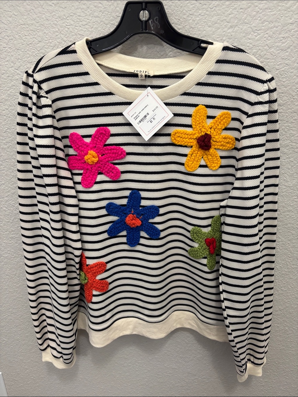 JODIFL Black & White Striped Sweater with Crocheted Flower Appliqués